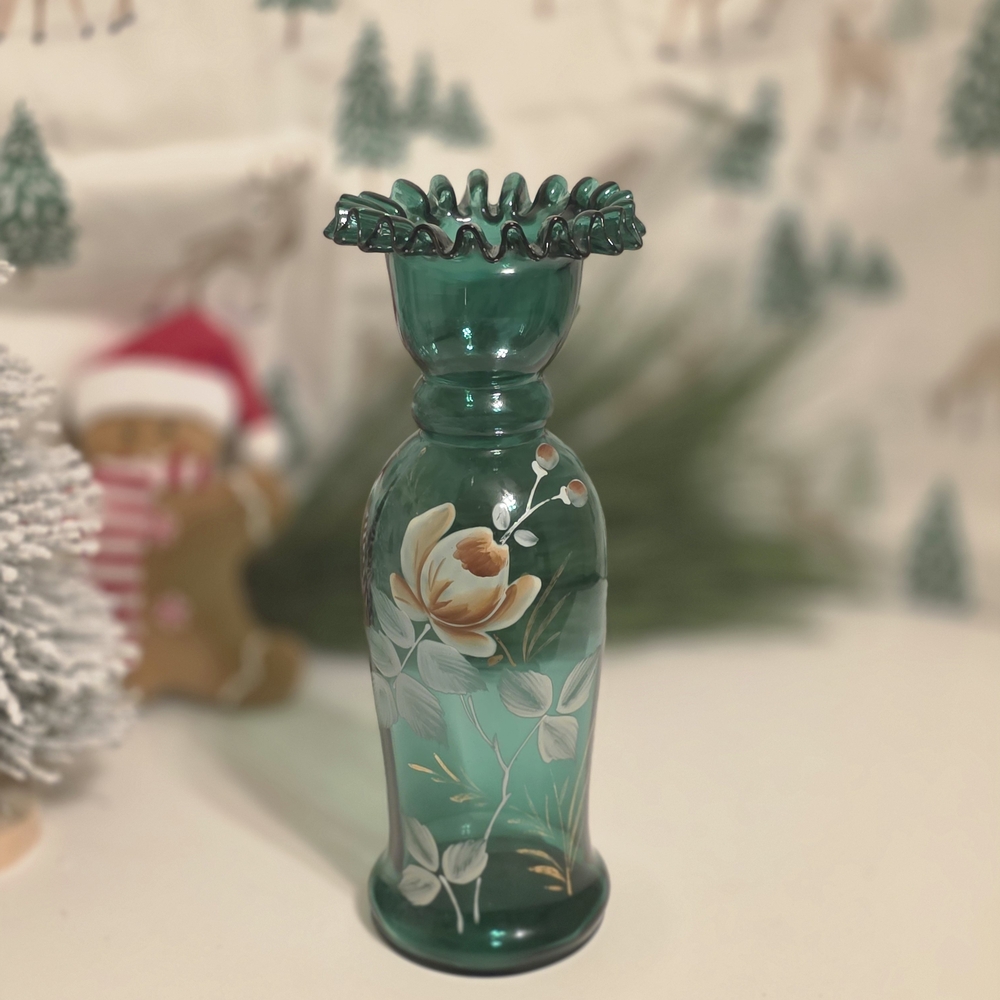 Victorian Green Glass Vase Hand Blown w/ Painted Enamel Rose & Ruffled Top Rim